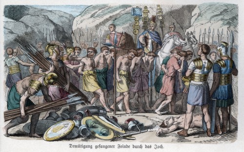 Roman victorious battle, the soldiers forcing the prisoners to pass under the yoke formed by spea?