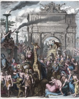 Triumphal procession entering the city of Rome, engraving 1868.