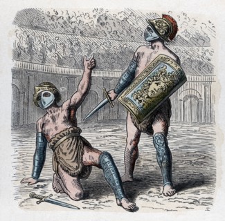 Roman circus, wounded gladiator asking for the grace of living, engraving, 1866.