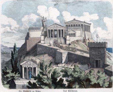 View of the Acropolis and the Parthenon, colored engraving, 1865.