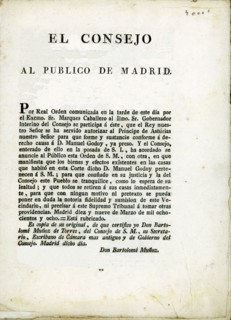 Royal Order of confiscation of properties and arrest of Manuel Godoy issued in Madrid on March 19?