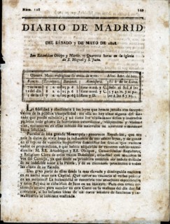 Front page of the 'Diario de Madrid', No. 128, Saturday, May 7, 1808, published in Madrid.