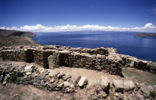 Isla del Sol, detail of the Incan temple with Lake Titicaca in background.