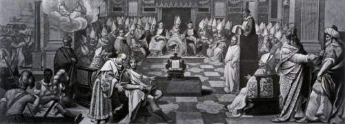 First Council of Nicaea, held in 325 under the pontificate of Pope Sylvester I and the reign of C?