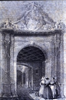 Door of the old house Gralla in Portaferrisa street in Barcelona, ??engraving by F.X. Parcerisa, ?