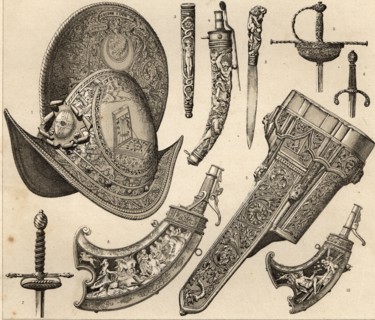 Various French weapons, helmets, knives and gun powder layers.