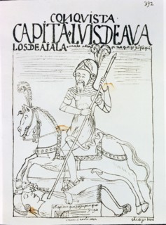 Captain Luis de Avalos killing an Inca, illustration from the book 'Nueva Crónica y Buen Gobierno?