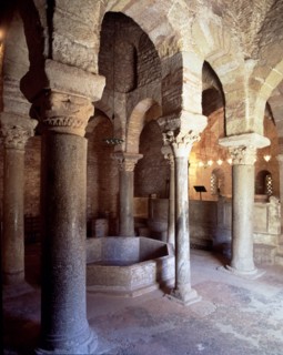 Baptistery of San Miguel de Egara in Terrassa, interior view with columns arranged around the font.