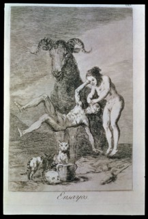 Los Caprichos, series of etchings by Francisco de Goya (1746-1828), plate 60: 'Ensayos' (Trials),?