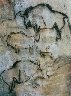 Panel with several overlapping bisons and a small goat, this one and several bisons are wounded b?