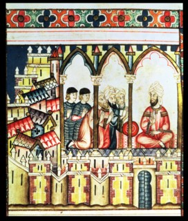 Almohad governor conducting a war council in his castle, the Alcázar of Seville, Miniature in the?