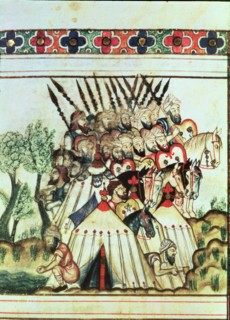 Muslims in a military expedition, their tents were luxurious. Miniature in the 'Cantigas de Santa?