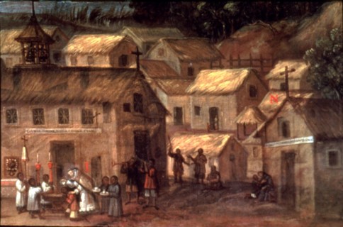 Conquest of America. New village and SP de Alcántara, where the Indians live. Detail from the boo?