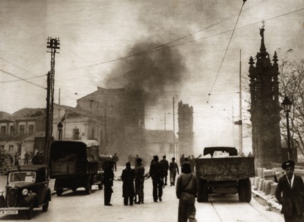Spanish Civil War 1936-39. Siege of Madrid, houses burned by an air raid near the bridge of Toled?