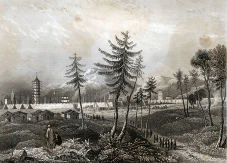 Beijing, illustration with temples and the city, engraving, 1855.