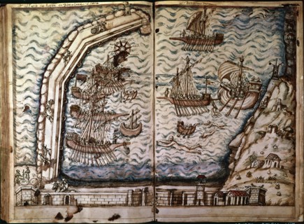 The port of Barcelona during its construction, miniature in which builders of the harbor, ships a?