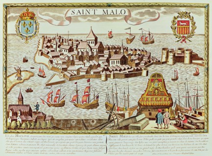View of the harbor and the fortified city of Saint Malo, located on the coast of Brittany.