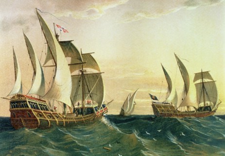 Discovery of America, 'Pinta' 'Niña' and 'Santa Maria' ships sailing towards the coast of the Eas?
