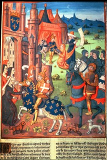 Charlemagne with paladins, knights of the king's entourage, Miniature in 'Chroniques de France', ?