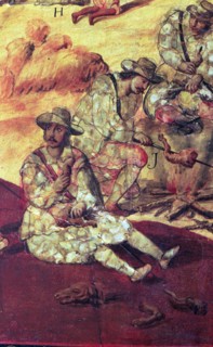 Conquest of Mexico, 'The conquerors eating dog meat hunger', corking detail of a Painting of 1698.