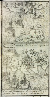 Francisco Pizarro of Puña arrives to Tumbez'. Pizarro arrived with 180 men and three ships to Tum?