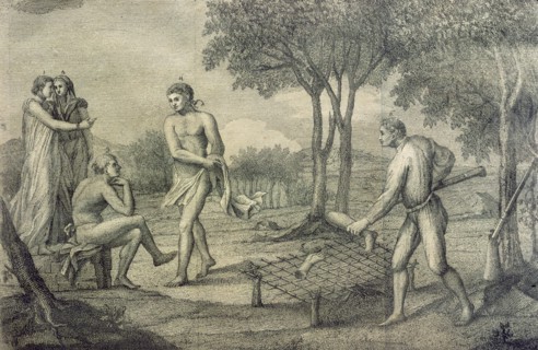 Maipuri Indians, inhabitants of the upper Orinoco, grilling members of a dead enemy, Italian engr?
