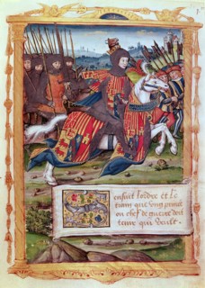 Head of a host riding at the head of a group of pikemen, miniature of a French codex on the art o?
