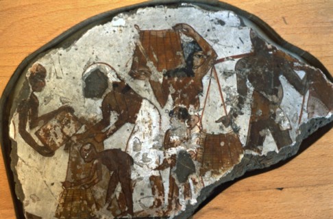Fragment of a fresco from Thebes, showing a scene of people working.