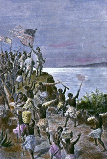 Arrival of the explorer Sir Henry Morton Stanley (1841-1904) to Lake Tanganyika, engraving from 1?