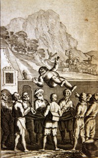 Don Quixote de la Mancha', scene of Sancho tossed in a blanket in the inn, edition of Warsaw, 1786.