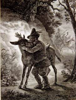 Scene in 'Don Quixote of La Mancha' where Sancho finds his grey horse, French edition, Paris, 182?