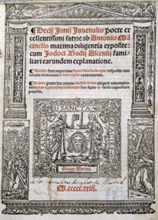 Cover of the play 'Satires' by Decimus Junius Juvenal, edition of 1523.