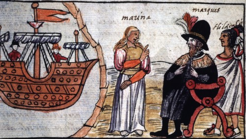 'Hernán Cortés and the Indian Marina (or Malinche)'. Durán Codex, page 202. Engraving.