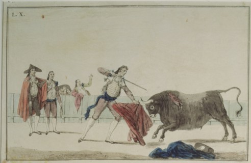 'Suerte de Matar' (Bullfighting stage), colored engraving by Antonio Carnicero.
