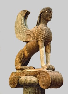 Sphinx of Naxos resting on an Ionic capital, from Delphi.
