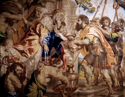 Detail of a tapestry with the 'Meeting of Abraham and Melchizedek' woven in Brussels by Raes Jeans.