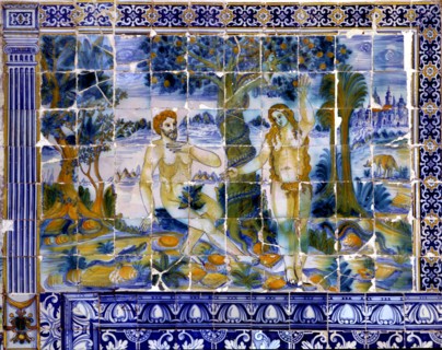 Tile panel with Adam and Eve in the paradise.