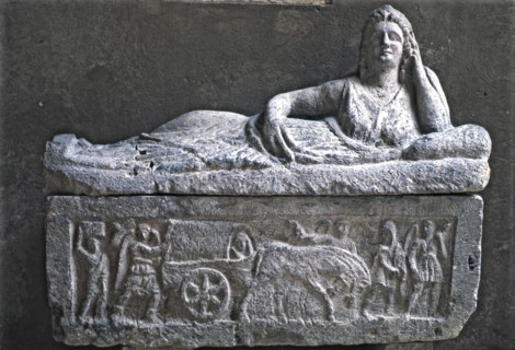 Etruscan Sarcophagus with the sculpture of a woman on the cover.