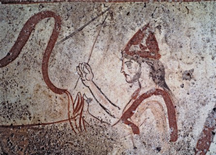 Fresco from the Lucan tomb representing a man holding the reins of a chariot.
