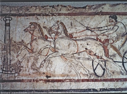 Fresco from a Lucan tomb in Paestum depicting a man in a carriage drawn by two horses.