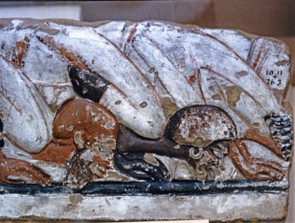 Foreign delegates fell at the feet of Akhenaten, detail of a painted stoneware.