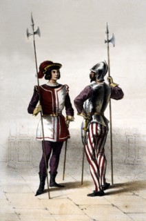 Infantry. Year 1504. Soldier of the Halberdiers Guard of the Kings. Engraving from 1851.