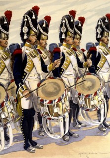 Music band of the 57 Grenadier Regiment from France, 1803-1805, drums, drawing, 1940.