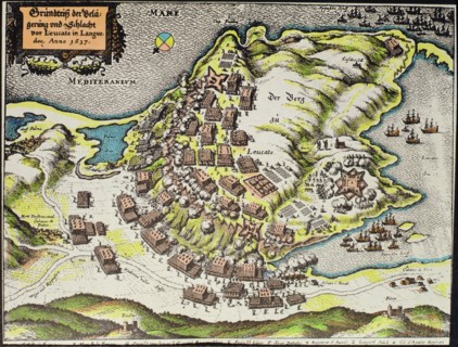 War of Roussillon. (1635-1639), siege and Battle of the Castle of Leucata Cape, engraving.