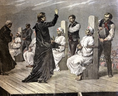 Execution of anarchists to garotte in Jerez de la Frontera, 1892, color etching.