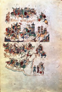 Warriors in a battle, Miniature in the 'Bible of Ripoll', manuscript copied and illustrated in th?