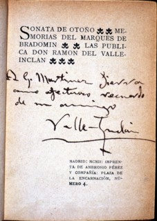 Cover 'Autumn Sonata - Memoirs of the Marquis of Brandomin', by Valle Inclan with autograph inscr?
