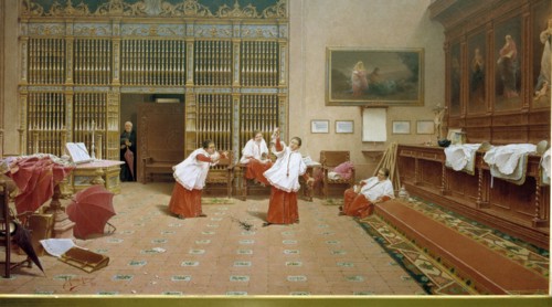 'In the Sacristy', Painting by Germán Alvarez Algeciras (1848-1912).