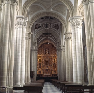 Interior of the Cathedral of Baeza, view of the main nave and altar.