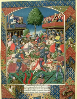 Tournament between gentlemen, miniature of the work 'Lancelot du Lac', 1491, printed by A. Verard.